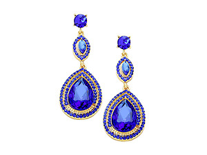 Sapphire & Goldtone Glass Crystal Teardrop Evening Earrings