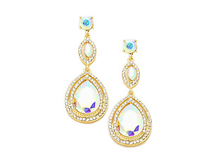 Aurora Borealis & Goldtone Glass Crystal Teardrop Evening Earrings