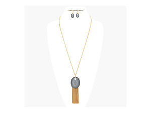 Shimmery Pendant & Fringe Goldtone Drop Long Necklace