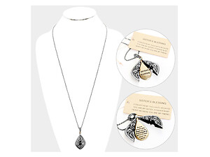 Silvertone Sister's Blessing Embossed Metal Opening Locket Pendant Long Necklace