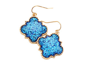 Blue Worn Gold Glitter Quatrefoil Fish Hook Dangle Earrings