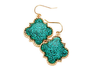 Turquoise Worn Gold Glitter Quatrefoil Fish Hook Dangle Earrings