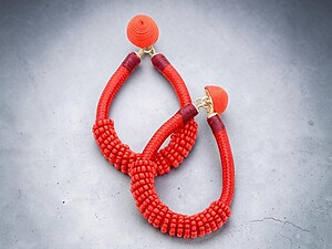 Red Beaded Cord Thread Dome Post Back Drop Earrings