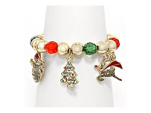 Goldtone Christmas Beaded Charm Stretch Bracelet