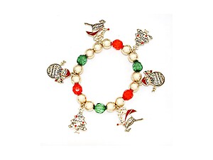 Goldtone Christmas Beaded Charm Stretch Bracelet