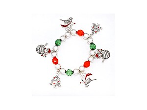 Silvertone Christmas Beaded Charm Stretch Bracelet