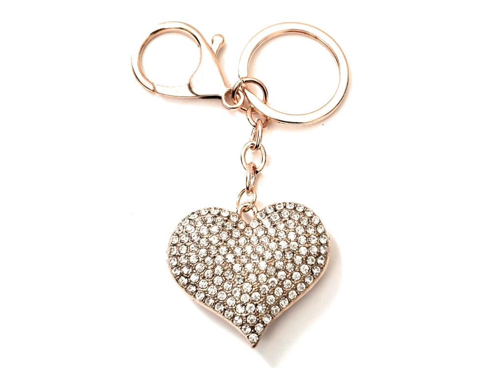 Clear & Goldtone Crystal Stone Heart Shaped Pendant Keychain Handbag Charm