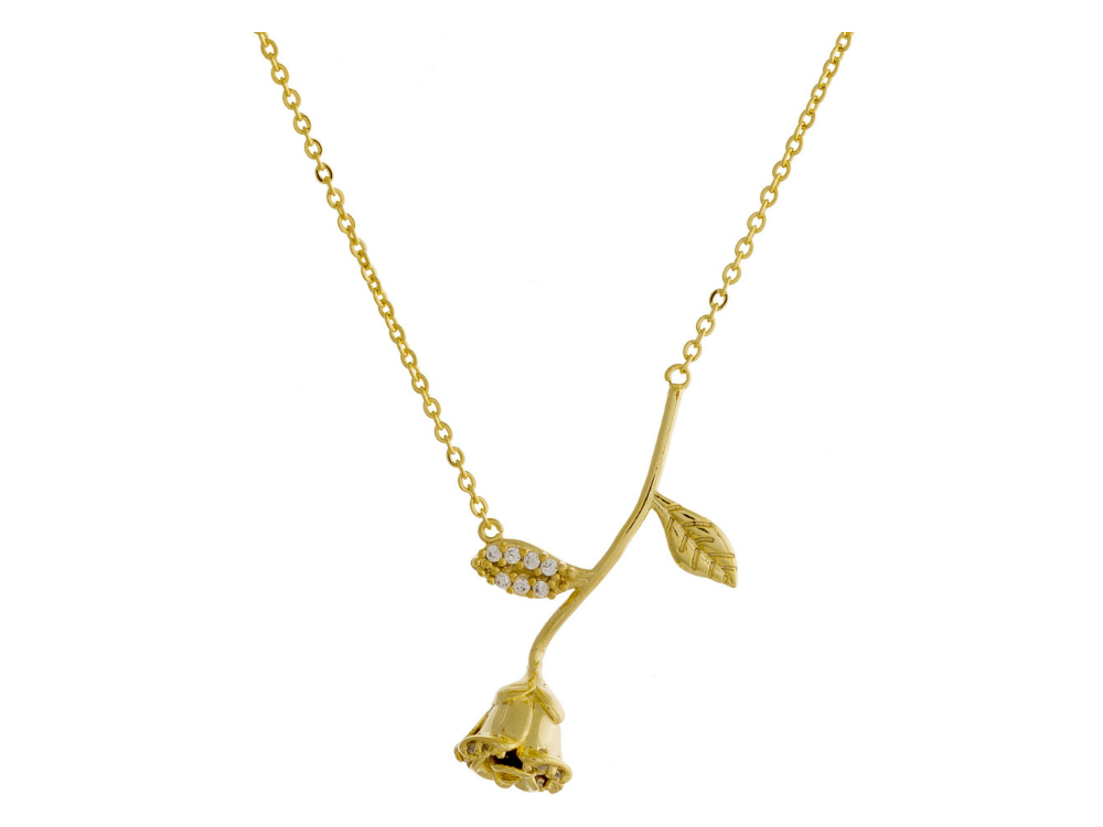 Rose and Rhinestone Short Metal Pendant Necklace