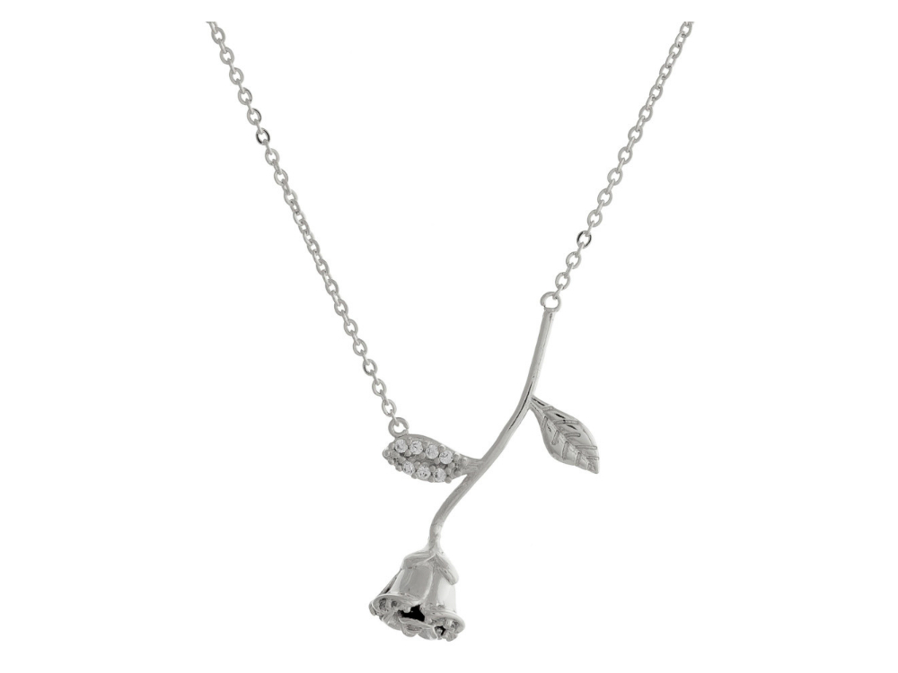 Rose and Rhinestone Short Metal Pendant Necklace