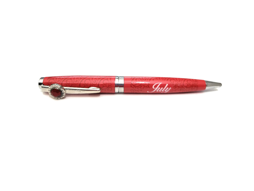 July Colorful Ballpoint Pen w/ Birthstone Emblem on Clip Pen ~ Gift Boxed