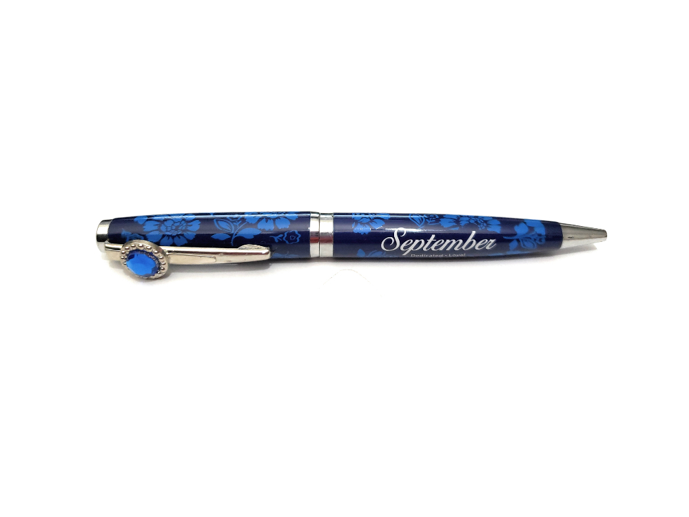 September Colorful Ballpoint Pen w/ Birthstone Emblem on Clip Pen ~ Gift Boxed