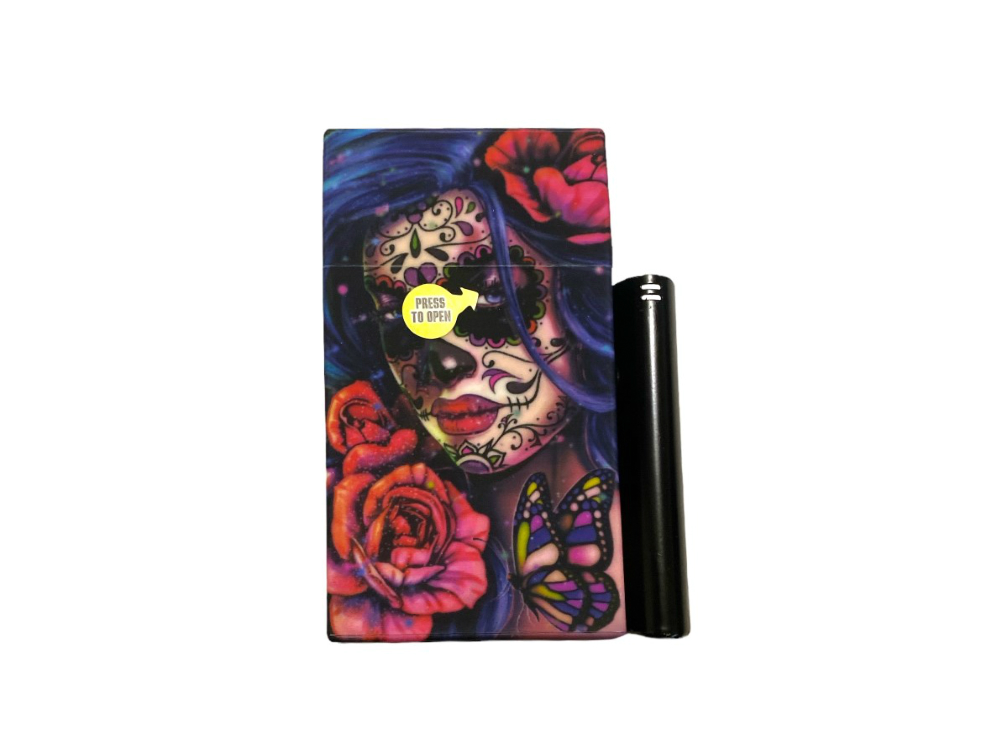 Plastic Design Cigarette Hard Case Holder Fits 100's w/ Black Metal Lighter Case