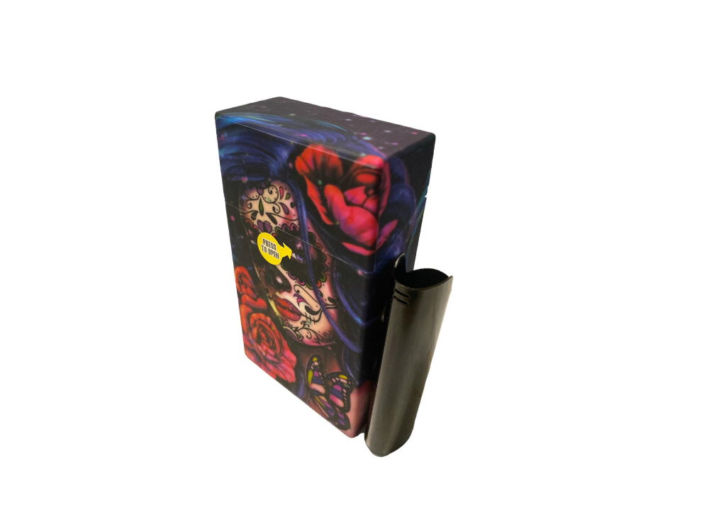 Plastic Design Cigarette Hard Case Holder Fits 100's w/ Black Metal Lighter Case