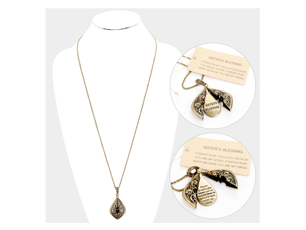 Goldtone Sister's Blessing Embossed Metal Opening Locket Pendant Long Necklace