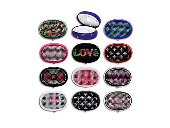 Rhinestone Small Oval Light Up Two Compartment Pill Organizer Case Box ~ Style 633C
