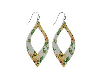 Yellow Floral Pattern Cutout Oval Faux Leather Fishhook Earrings