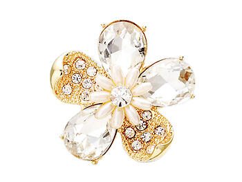 Clear & Goldtone Crystal Teardrop Pearl Floral Stretch Ring