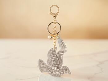 Dove Tassel Bling Faux Suede Stuffed Pillow Key Chain Handbag Charm