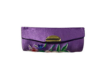 Purple Satin Embroidery Lipstick Case Holder w/ Mirror