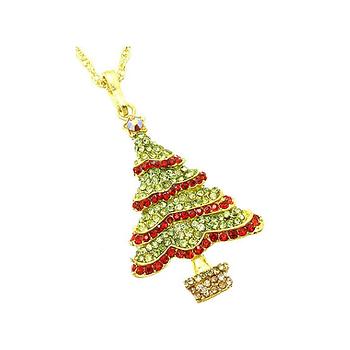 Green Christmas Tree Christmas Holiday Link Necklace in Goldtone