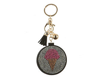 Ice Cream Cone Mirror Tassel Bling Faux Suede Round Keychain Handbag Charm
