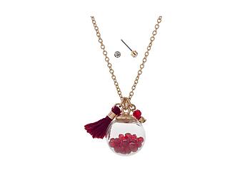 Goldtone Dainty Globe Necklace With Mini Burgundy Tassel