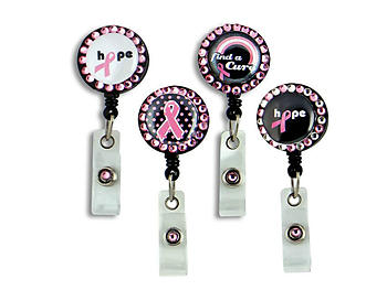 Pink Ribbon Retractable Bling Button Reel
