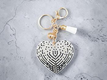 Black & White Heart Tassel Bling Faux Suede Stuffed Pillow Key Chain Handbag Charm
