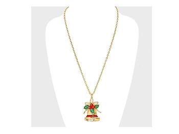 Goldtone Enamel Christmas Bell Pendant Necklace