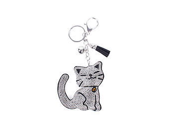 Smiling Cat Tassel Bling Faux Suede Stuffed Pillow Key Chain Handbag Charm