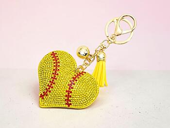 Softball Heart Tassel Bling Faux Suede Stuffed Pillow Key Chain Handbag Charm