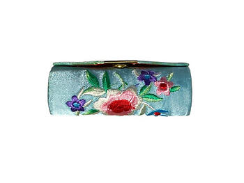 Blue Satin Embroidery Lipstick Case Holder w/ Mirror