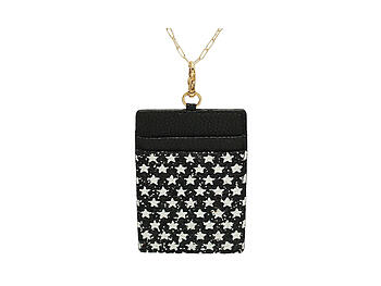 Black Glitter Stars Faux Leather ID Badge Card Holder with 34