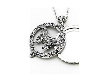 Antique Silver Butterfly Magnifying Glass Pendant Necklace