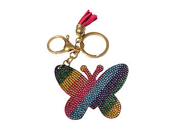 Crystal Stone Rainbow Butterfly Bling Keychain w/ Tassel & Clip