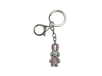 Pink & Silvertone Crystal Stone Bunny Shaped Pendant Metal Keychain