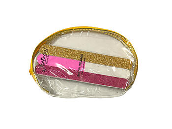 Gold Trim Large Zipper Cosmetic Bag & Purple & Gold Glitter Nail File Set