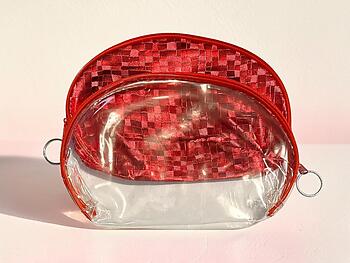 Red Metallic Look & Clear 2 Piece Large Zipper Cosmetic Bag Set