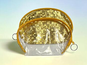 Yellow Metallic Look & Clear 2 Piece Large Zipper Cosmetic Bag Set