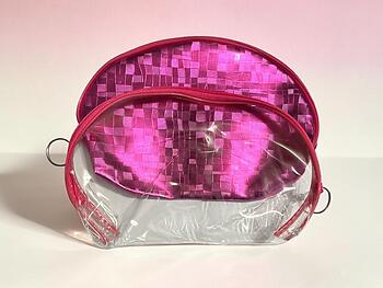 Pink Metallic Look & Clear 2 Piece Large Zipper Cosmetic Bag Set