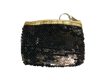 Black Double Sided Sequin Zipper Coin Purse Wallet w/ Key Ring