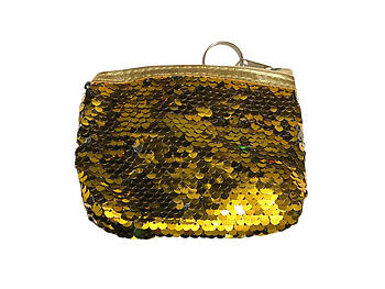Gold Double Sided Sequin Zipper Coin Purse Wallet w/ Key Ring