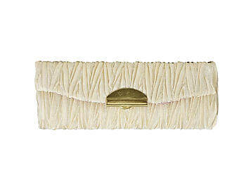 Tan Pleated Fabric Pattern Lipstick Case Holder w/ Mirror
