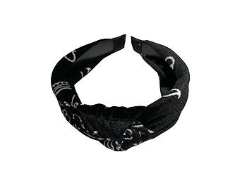 Black Bandana Print Soft Velveteen Fabric Fashion Headband w/ Top Knot