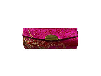 Fuscia Chinese Silk Print Lipstick Case w/ Mirror