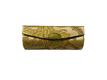Beige Chinese Silk Print Lipstick Case w/ Mirror