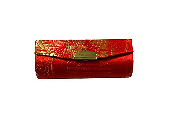 Red Chinese Silk Print Lipstick Case w/ Mirror