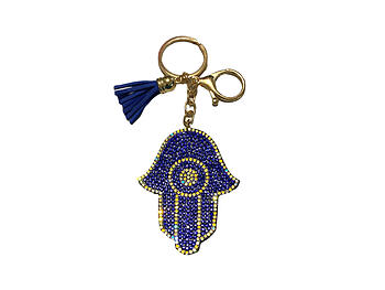 Blue Tassel Crystal Stone Hamsa Bling Keychain w/ Lobster Clasp