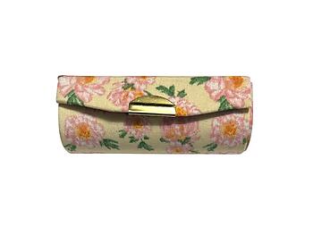 Beige Floral Fabric Lipstick Case Holder w/ Mirror