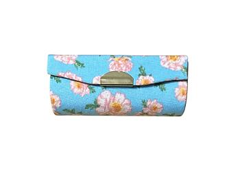 Light Blue Floral Fabric Lipstick Case Holder w/ Mirror
